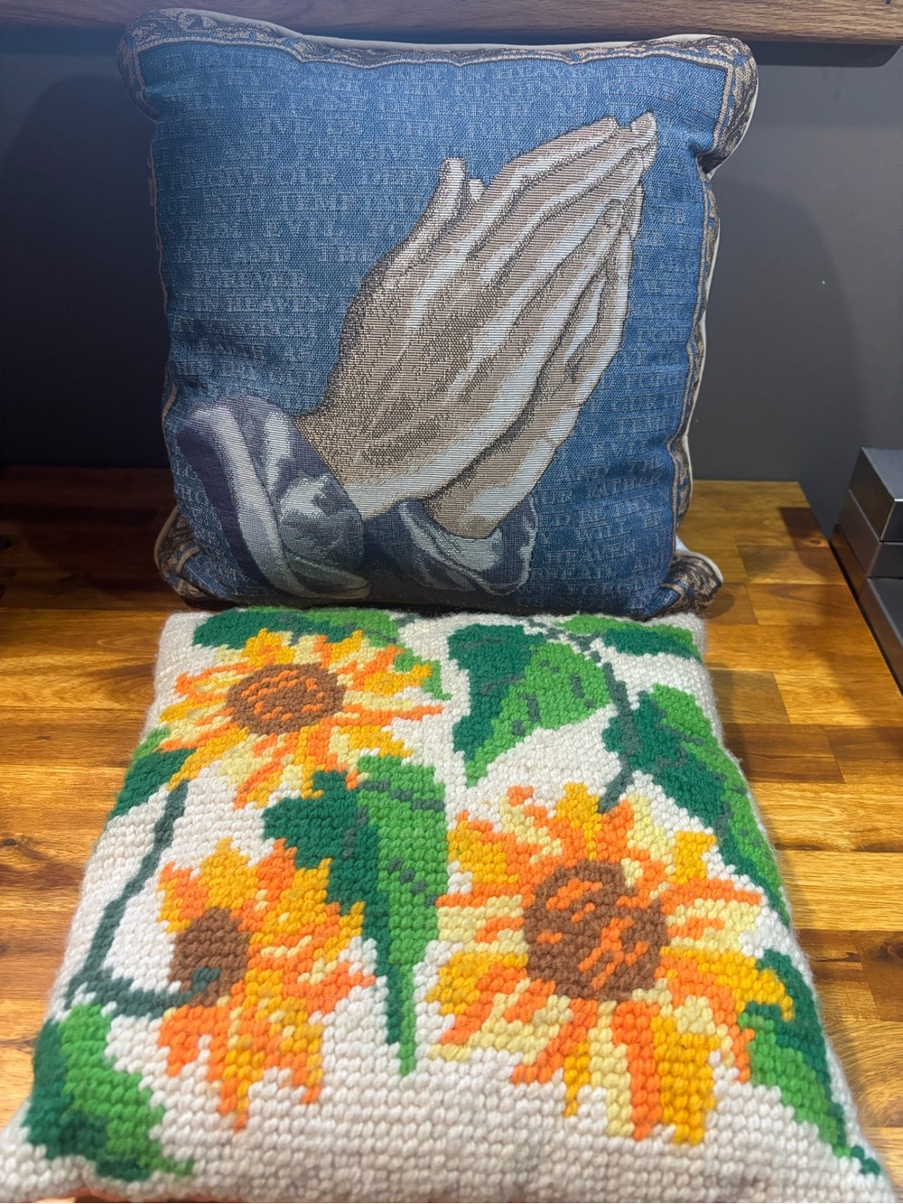 Handmade Sunflower Hooked Pillow + Praying Hands Cushion